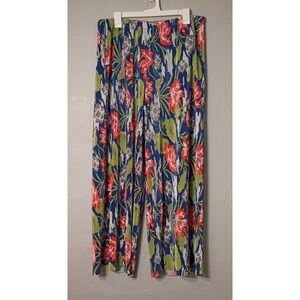 Joan Rivers Blue Floral Flowy Palazzo Pants Sz Large Tropical‎ Resort Vacation